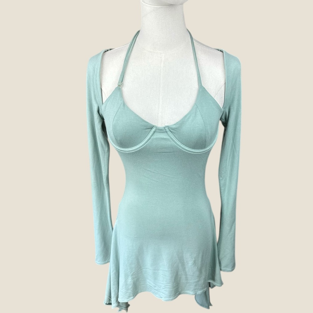 Oh Polly NWT SZ 4 the Renee long sleeve asymmetrical, hem, Sage Green Mini Dress - Picture 4 of 16